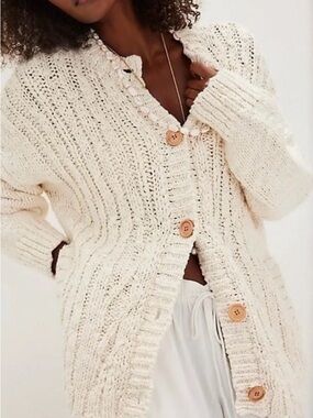 Free People Cream Chunky Knit Button-Front Cardigan